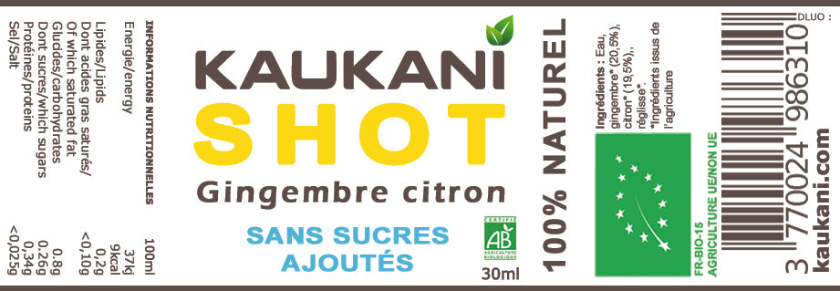 Kaukani Shot gingembre citron - 30ml - Pack de 15 shots (1,50€ le shot)
